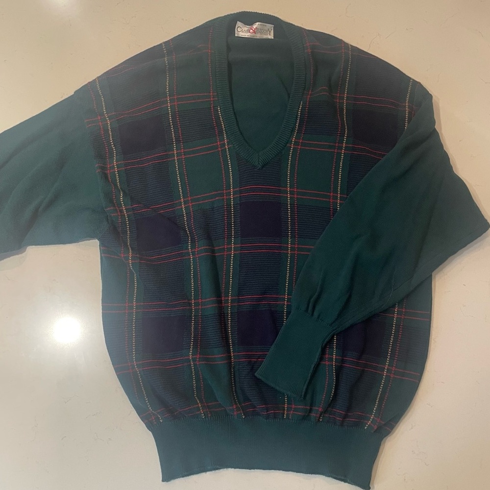 Vintage Clark & Gregory L Cotton Sweater Mens Plaid Made in Scotland Knit